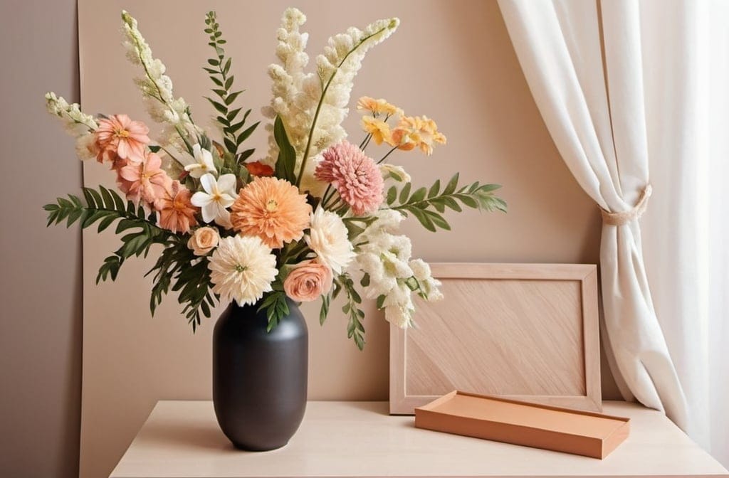 zijden bloemen op aanrecht keuken